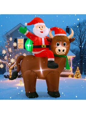 6FT Christmas Inflatables Santa & Highland Cow, Outdoor Yard Decorations